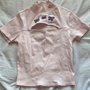 Pink Butterfly Embroidered Women's Top